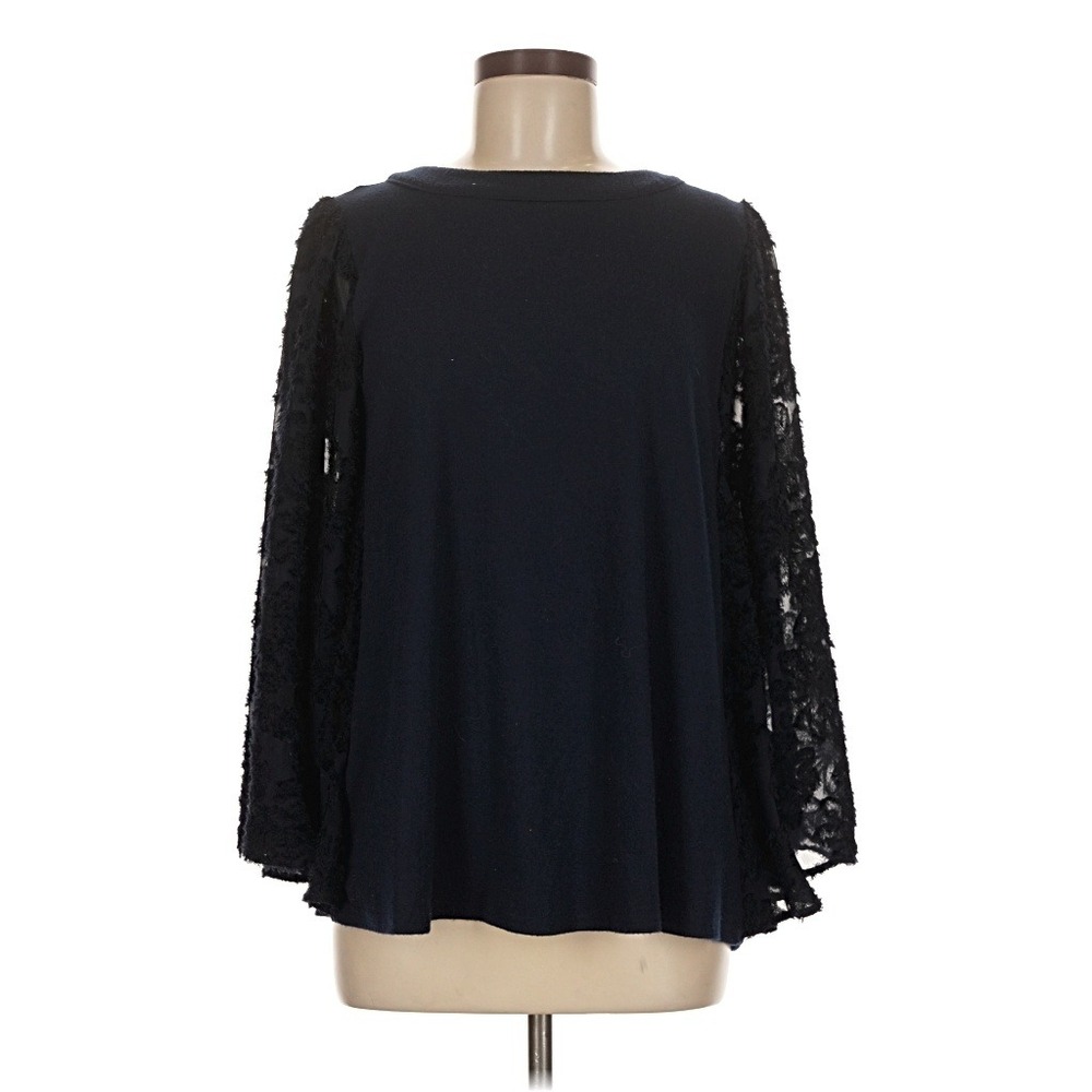Entro Navy Blue Long Sleeve Top with Textured Lace Sleeves Size‎ M